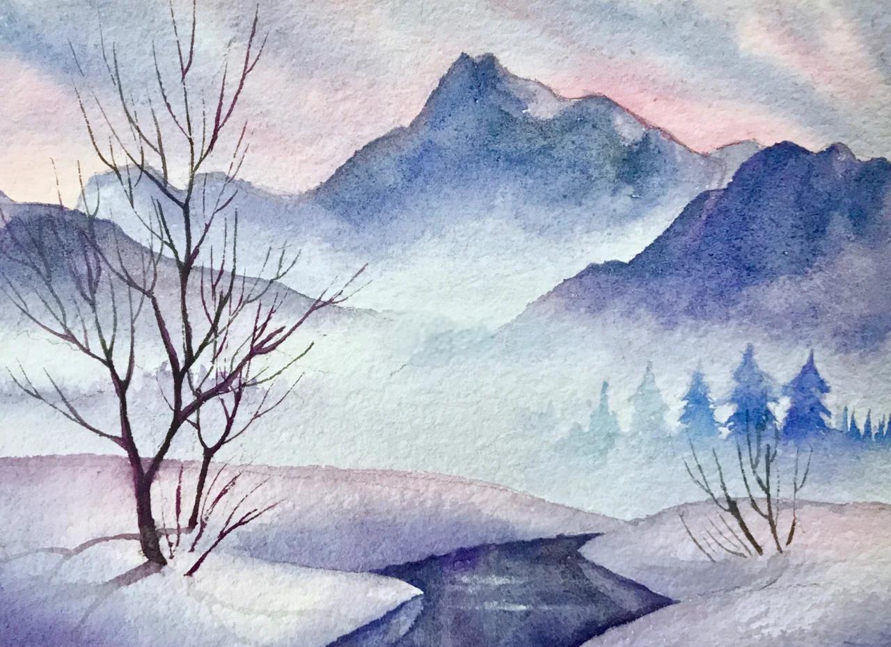 水彩风景-湖边小屋