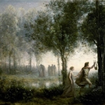 柯罗《奥菲斯带领尤丽黛丝走出沼泽》高清油画电子版