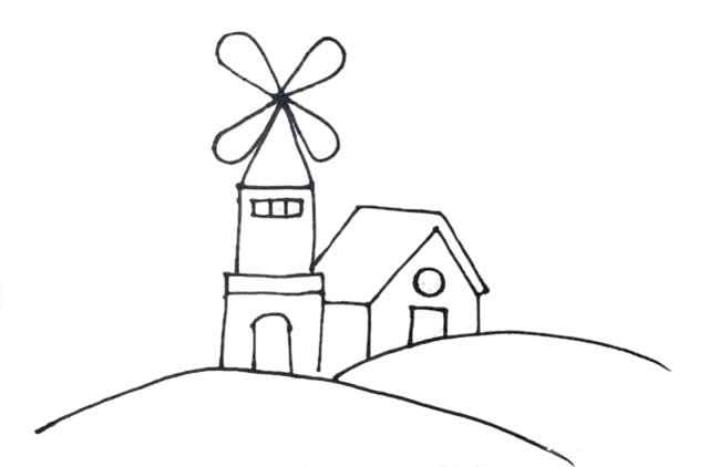山顶的风车屋简笔画 山顶的风车屋简笔画
