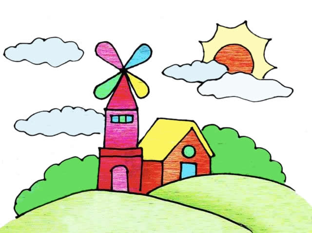 山顶的风车屋简笔画 山顶的风车屋简笔画