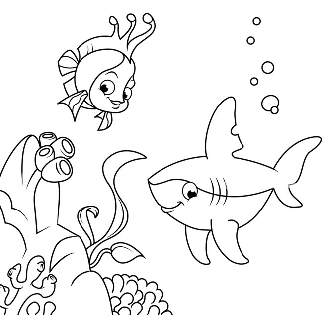 海底世界珊瑚鱼和鲨鱼简笔画