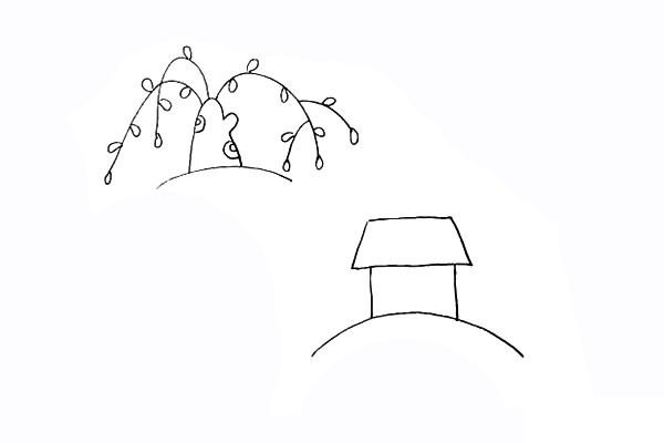 春季柳树小屋风景简笔画