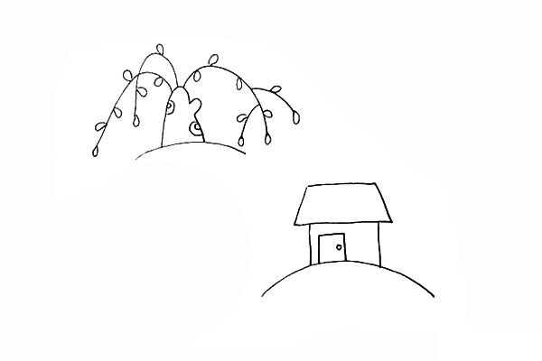 春季柳树小屋风景简笔画