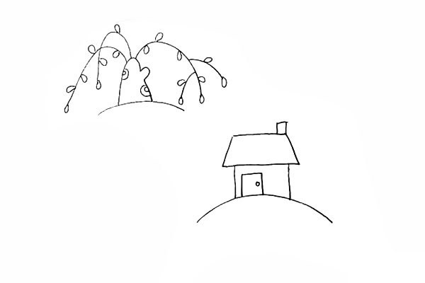 春季柳树小屋风景简笔画