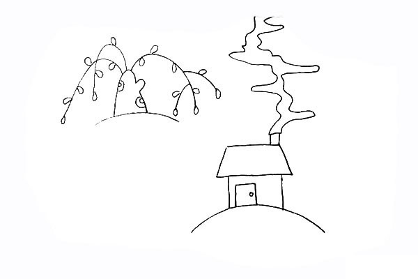 春季柳树小屋风景简笔画