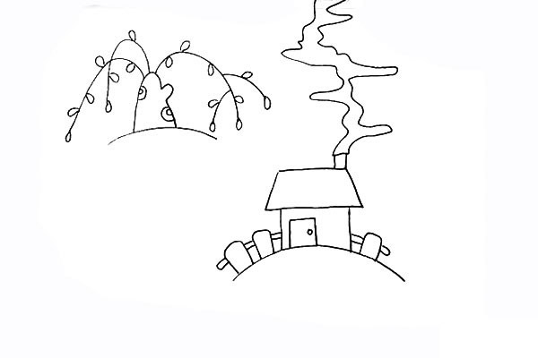 春季柳树小屋风景简笔画