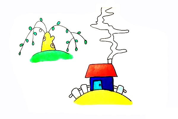 春季柳树小屋风景简笔画