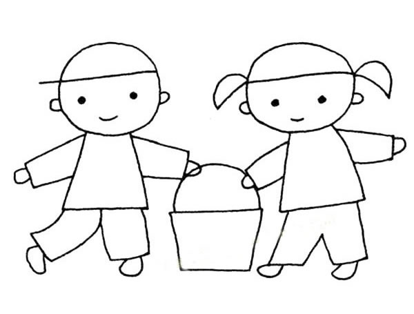 两个小朋友抬水的简笔画