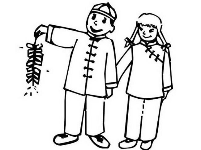 放鞭炮的男孩女孩简笔画