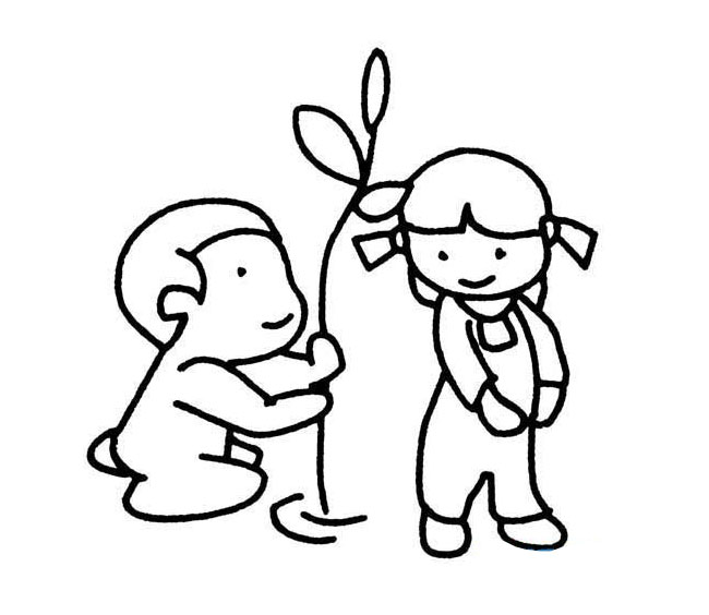 一起植树的小朋友简笔画 一起植树的小朋友简笔画