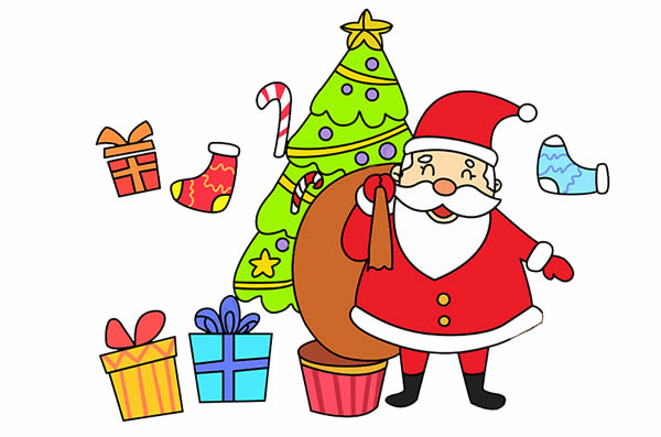 圣诞老人和很多礼物的简笔画