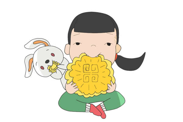 中秋节吃月饼的小女孩简笔画