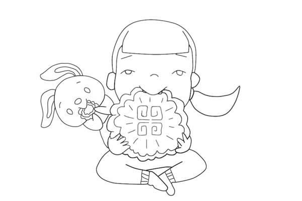 中秋节吃月饼的小女孩简笔画