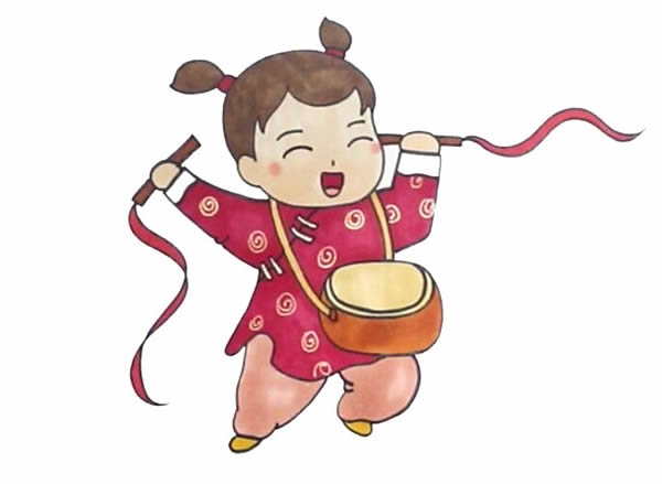 春节小女孩打锣鼓简笔画