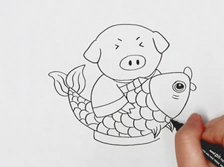 小猪和鱼的年画简笔画