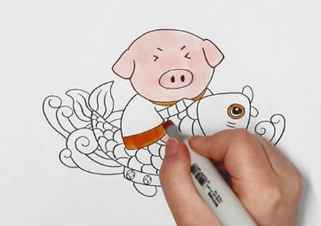 小猪和鱼的年画简笔画