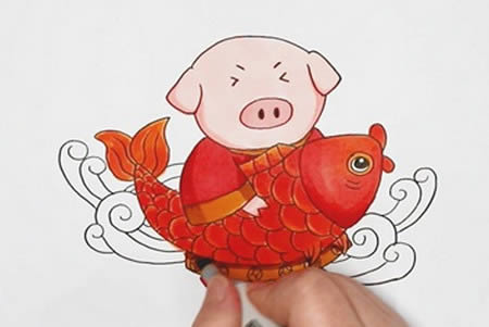小猪和鱼的年画简笔画