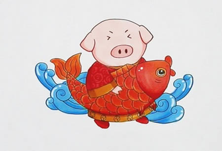 小猪和鱼的年画简笔画
