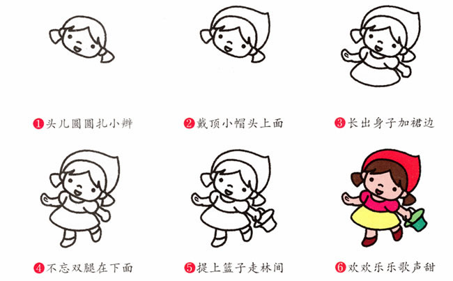 开心的小红帽简笔画教程