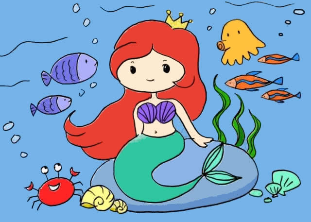 美人鱼海底世界简笔画步骤
