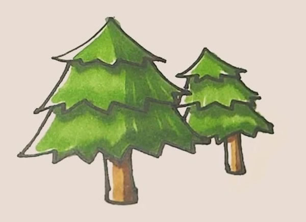 一大一小两棵松树的简笔画