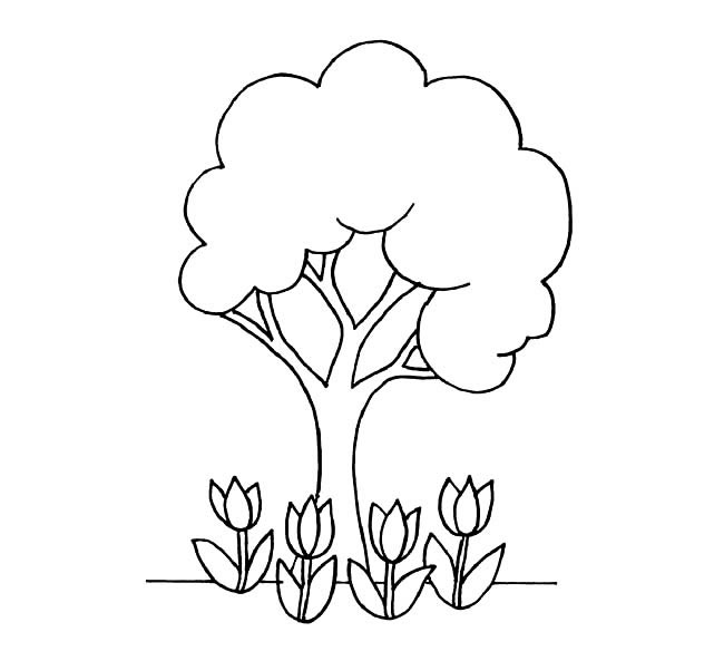 花丛中的大树简笔画