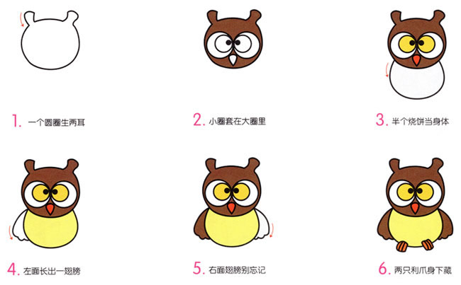 涂色的卡通猫头鹰简笔画教程