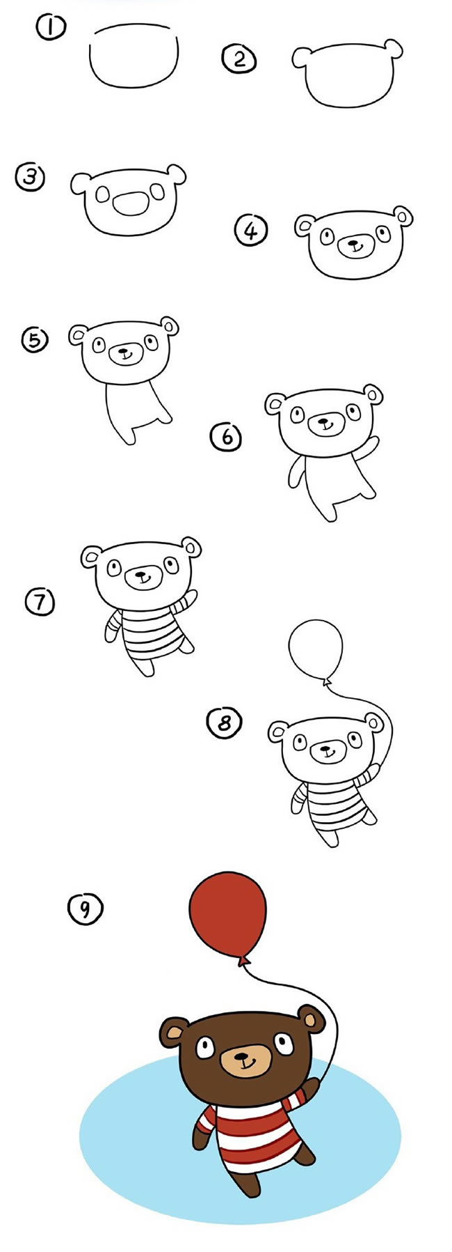 拿起球的卡通小熊简笔画步骤