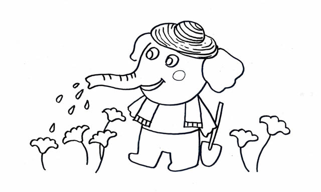 种花浇水的卡通大象简笔画