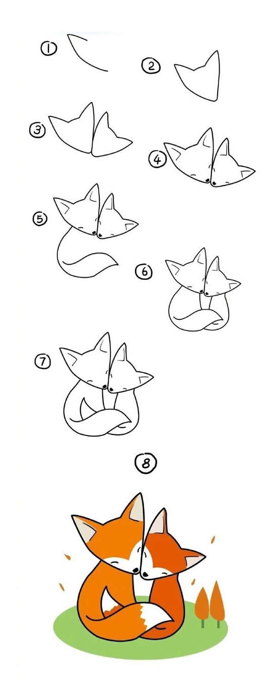 两只相拥的狐狸简笔画