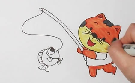 小猫钓鱼的简笔画 小猫钓鱼的简笔画
