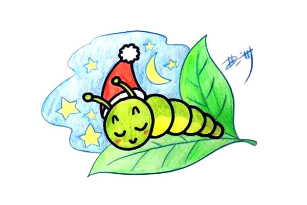 在树叶上睡觉的毛毛虫简笔画